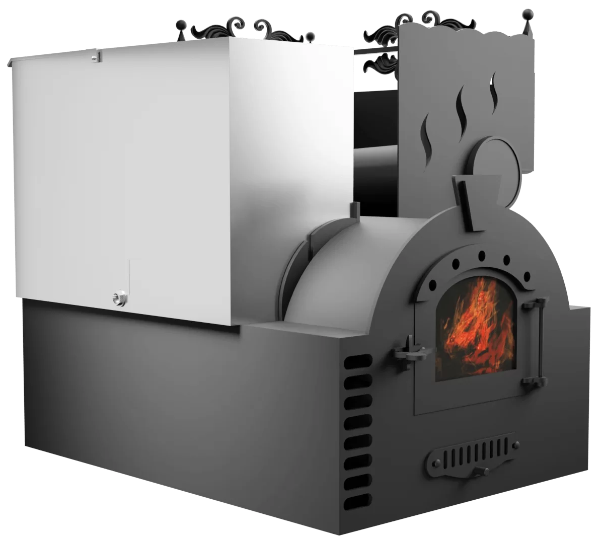 Печь Горыныч 3, каменка с правой стороны, малая дверь со стеклом, система воздушного отопления фото в Уфе