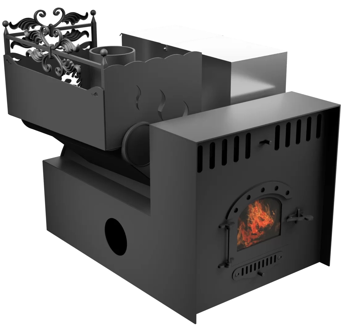 Печь Горыныч 3, каменка с левой стороны, малая дверь со стеклом, система воздушного отопления с порталом фото в Уфе